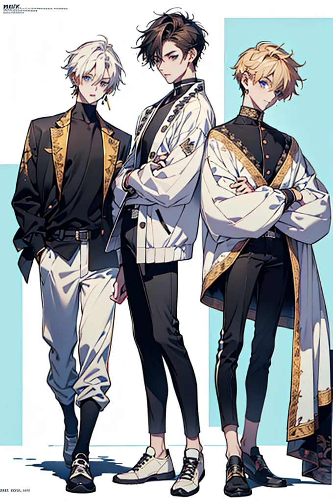 ((full body: 2)),((tachi-e:2.0)), ((UHD, masterpiece, super detail, best quality, highres, 8k)), (detailed line art), perfect face, perfect body, perfect hands, perfect feet.
Humans, around 20 years old, (2 males: 2.0), male idols, (simple background, magazine cover style: 1.5)
Features of the first person
gentle atmosphere, standing on the right side, looking this way (light brown hair close to gold, short hair upturned eyebrows, droopy eyes, light blue eyes, thin lips), (male idol style clothing, white top, dress shirt, shirt with exposed collarbone, no jacket, fluffy shirt, ribbon decoration, white pants, high-waisted pants, white belt, white shoes), (ribbon choker, white choker), (angelic atmosphere: 0.5), (facing forward)
Features of the second person
cool atmosphere, standing on the left side, looking this way (black hair, short hair upturned eyebrows, upturned eyes, light blue eyes, thin lips), (male idol style clothing, black top, high-neck shirt, short jacket, neat jacket, belt decoration, black pants, black belt, black shoes, black earrings), (devilish atmosphere: 0.5), (facing forward)