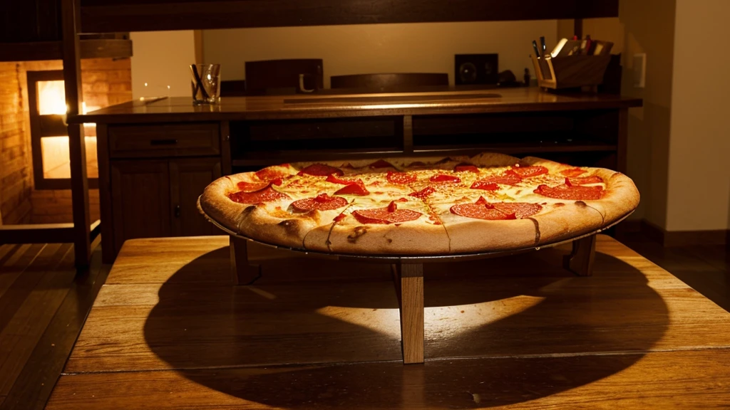 a delicious pizza on a table, photography hight quality, wood desk, Pepperoni pizza, advertising image, Beautiful image, image seen from the front, horizontal angle