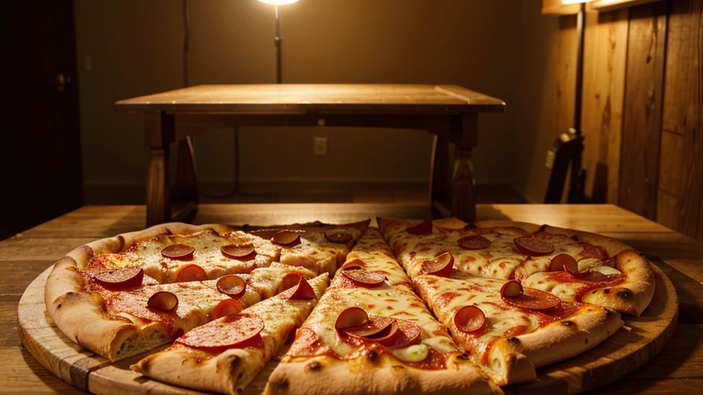 a delicious pizza on a table, photography hight quality, wood desk, Pepperoni pizza, advertising image, Beautiful image, image seen from the front, horizontal angle