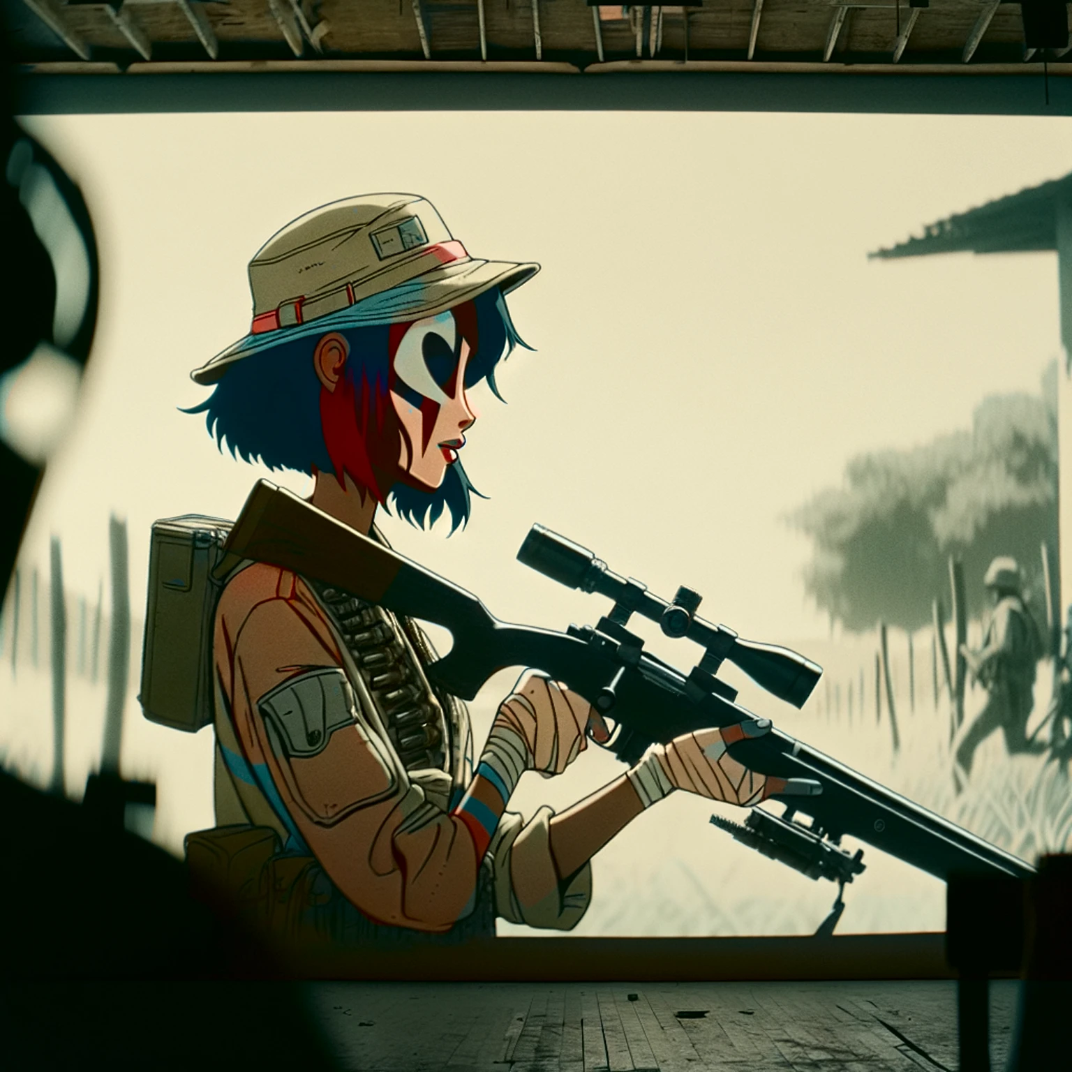 heat, haze, mirage, refraction, hallucination, apparition, unsettling, overwhelming, tank girl, film screengrab, minimal, serene, perfect, strange, candid, cinematic, tank girl with sniper rifle, realism, photographed, timeless, blank canvas, nuanced, clearly cartoon distinct tank girl style aesthetics,