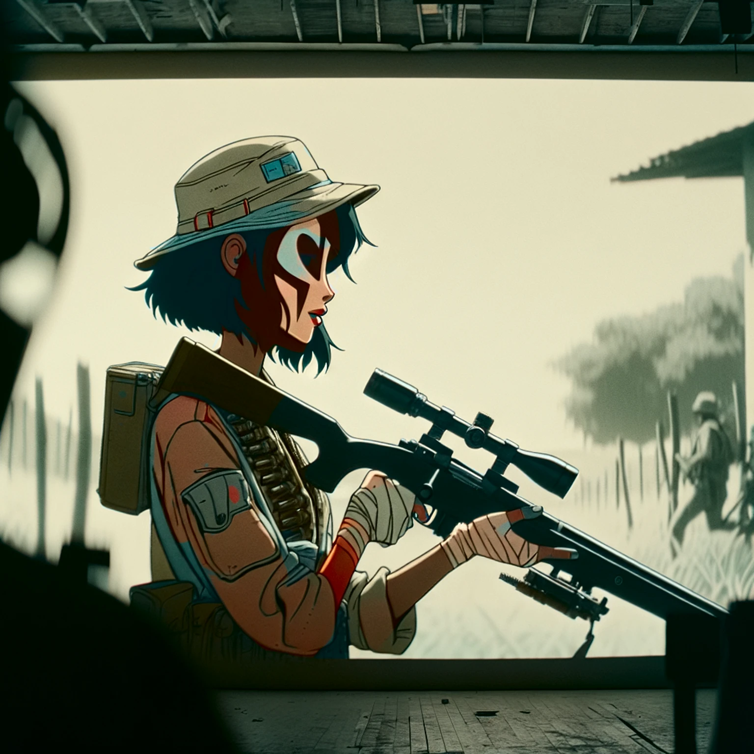 heat, haze, mirage, refraction, hallucination, apparition, unsettling, overwhelming, tank girl, film screengrab, minimal, serene, perfect, strange, candid, cinematic, tank girl with sniper rifle, realism, photographed, timeless, blank canvas, nuanced, clearly cartoon distinct tank girl style aesthetics,