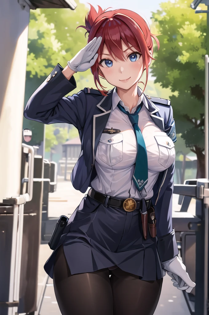 masterpiece, best quality, highres, aoi1, 1girl, solo, red hair, folded ponytail, blue eyes, necktie, white gloves, police uniform, belt, black pantyhose, jacket, armband, large breasts, cowboy shot, standing, smile, salute, outdoors, panties under pantyhose