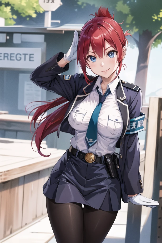 masterpiece, best quality, highres, aoi1, 1girl, solo, red hair, folded ponytail, blue eyes, necktie, white gloves, police uniform, belt, black pantyhose, jacket, armband, large breasts, cowboy shot, standing, smile, salute, outdoors, panties under pantyhose