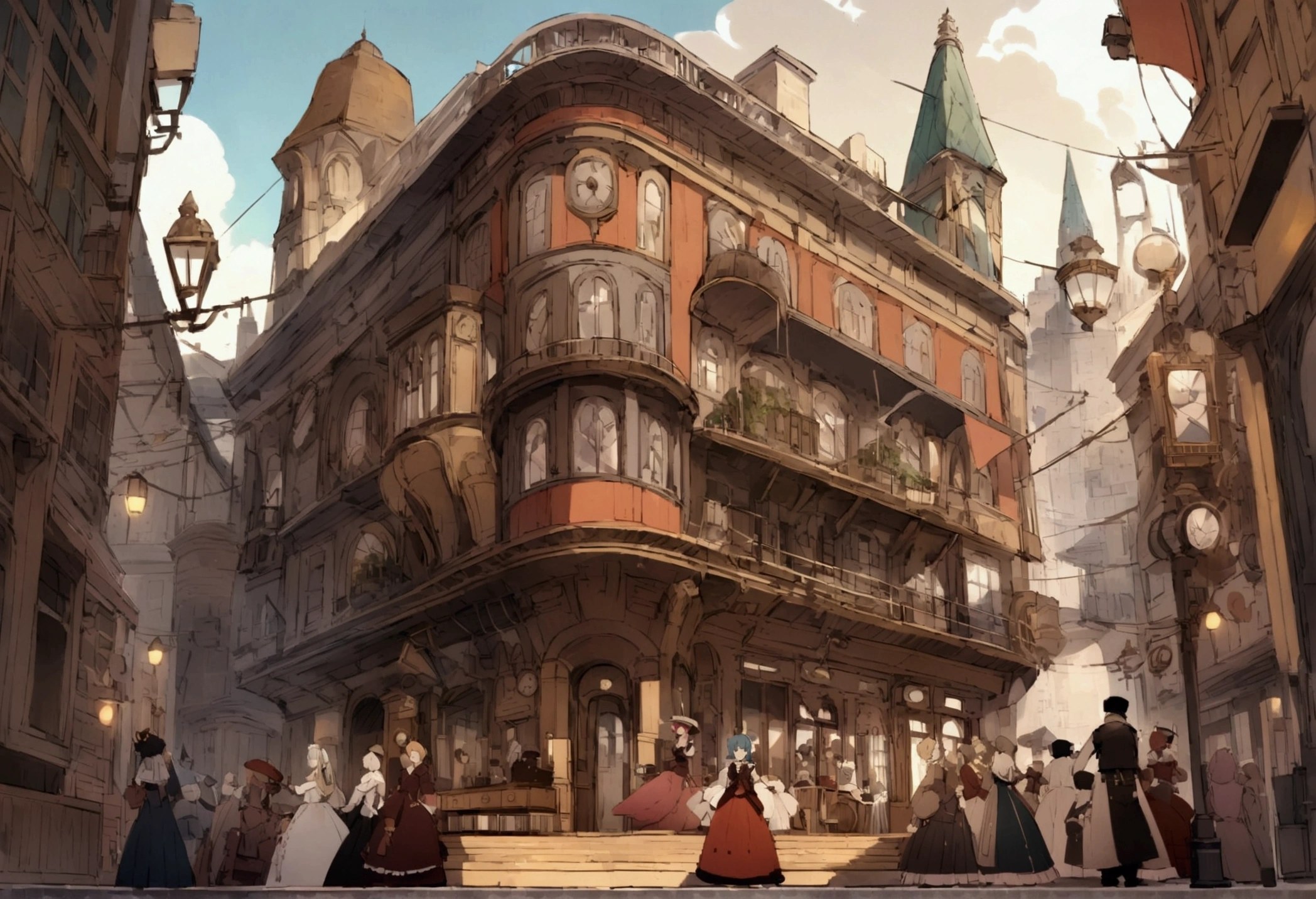 A bustling steampunk city of brass and steel skyscrapers、It's connected by a complex network of pipes and gears..。Airship floating in the air、Citizens dressed in Victorian costumes go about their daily lives。