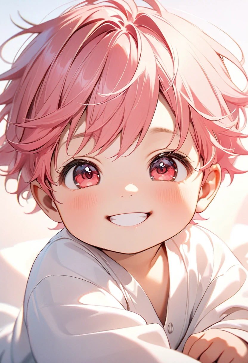 8k, boy with pink hair, Eyes red, cheerful grin, white clothes, soft light background