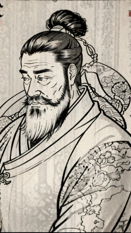 (Monochrome)、(Ink painting)、Oriental、Ancient Chinese Man、Ancient Chinese hairstyle man、Highest quality、masterpiece、Ultra-high resolution、(Realistic:1.4)、Game Poster、Crisp and beautiful image quality、Beard、Embroidered cloth wrapped around a topknot、