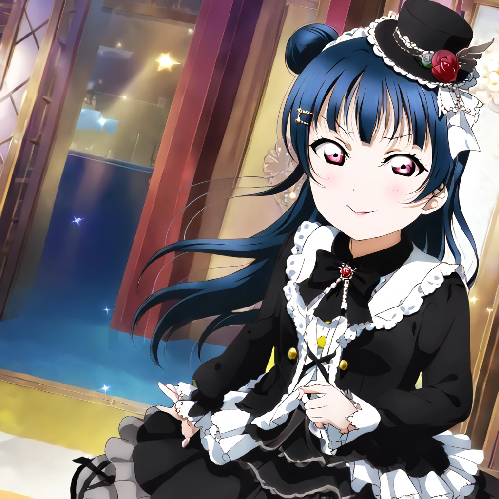 Yoshiko Tsushima、Love Live Sunshine、Red eyes、Long Hair、Blue Hair、smug face、whole body、present、Embarrassing、Red cheeks、Gothic Lolita、night、neon、