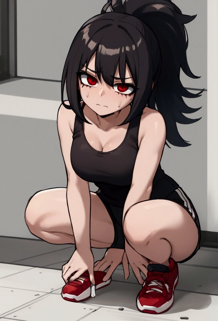 Girl, black hair, bob, red eyes, marathon runner, rolling her eyes, squatting down, looking in pain, sweating, white and red tank top, shorts, marathon shoes