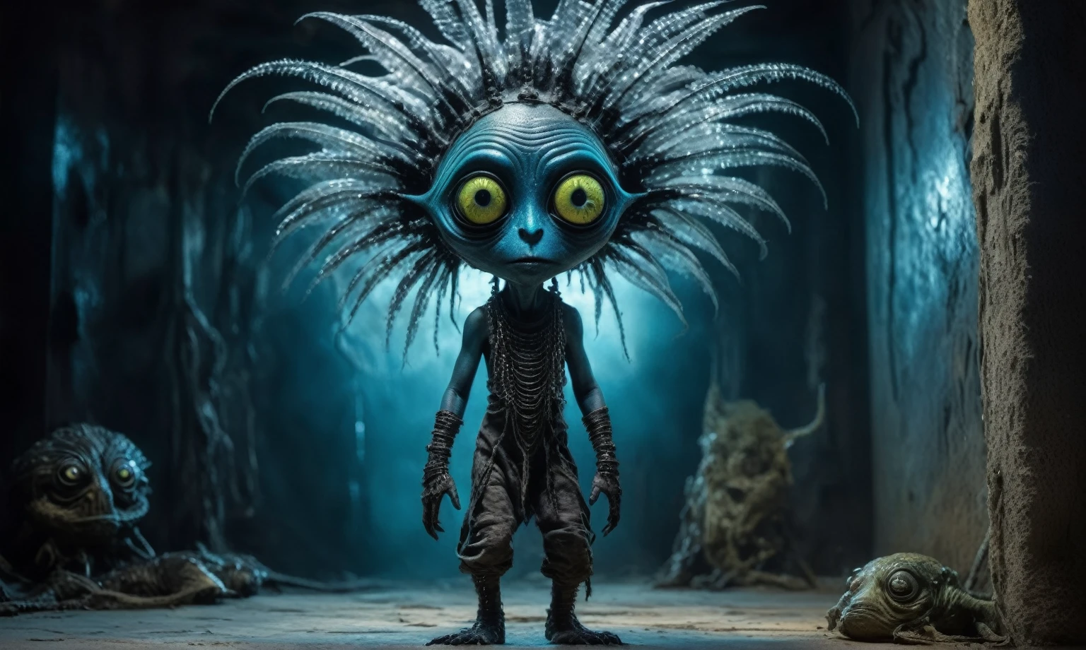 full body length shot ,nerd graphite  Alien Entity,native africa slave ,azctec psychiatric clinic,Cinematic,soft colors, Technicolor,natural skin textures, hyper realism, hyper detailed,Extremely detailed,High contrast,Masterpiece,Realistic,Ultra Detailed, intricate details,realistic humid leather,extremely intricate details,Epic Realistic, cinematic style, irina yermolova,high contrast,hdr,extremely detailed, [deep night landscape],masterpiece, intricate details, eyes extremely detailed, high detailed eyes,8k resolution,retina, Nikon Z9,orc,Egyptian folk, Pisces, transition between two art styles,full body length, Double contact, X-ray, Creative, vivid light, fantasy, Abstract, Surrealism, super detailed, high resolution,insanity national folk wear,skin  almost translucent, gothic elements, further emphasizing its dark air,Mestichino,Light particles,chaos,starfish's leather,Cambodia,"(The best lighting, dark, dramatic),(alien Mulan's half-fetus, Hellraiser, Scars, stupid, a shapeshifter, reptillian, scaleborn, terror.),(ominous and strange eyes, calaveras). morning light, indoor psychiatric clinic

