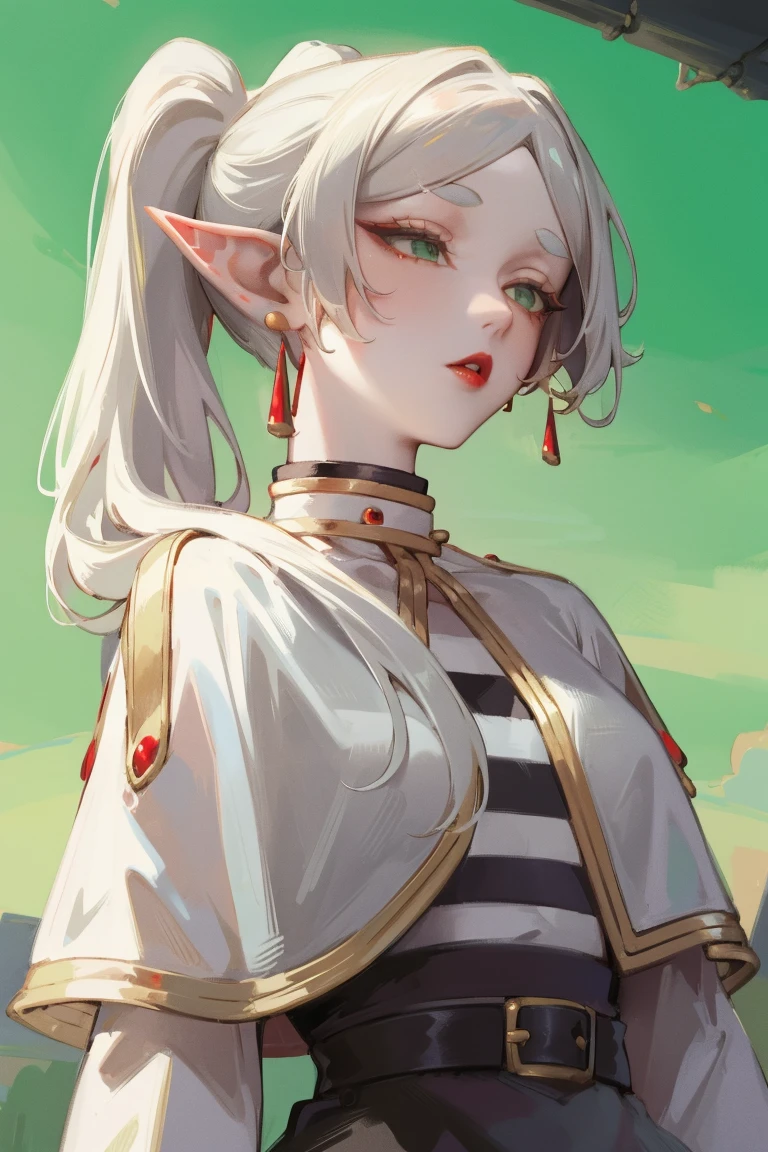 Standing with upper body, Honey, solitary, White skin, Long gray hair, Double ponytail hairstyle, (Elf ears), Green Eyes, Like a gem, earrings, Red Eyeshadow, Red lips, Black Magic Dress, careful, Fake laugh, masterpiece, high quality
