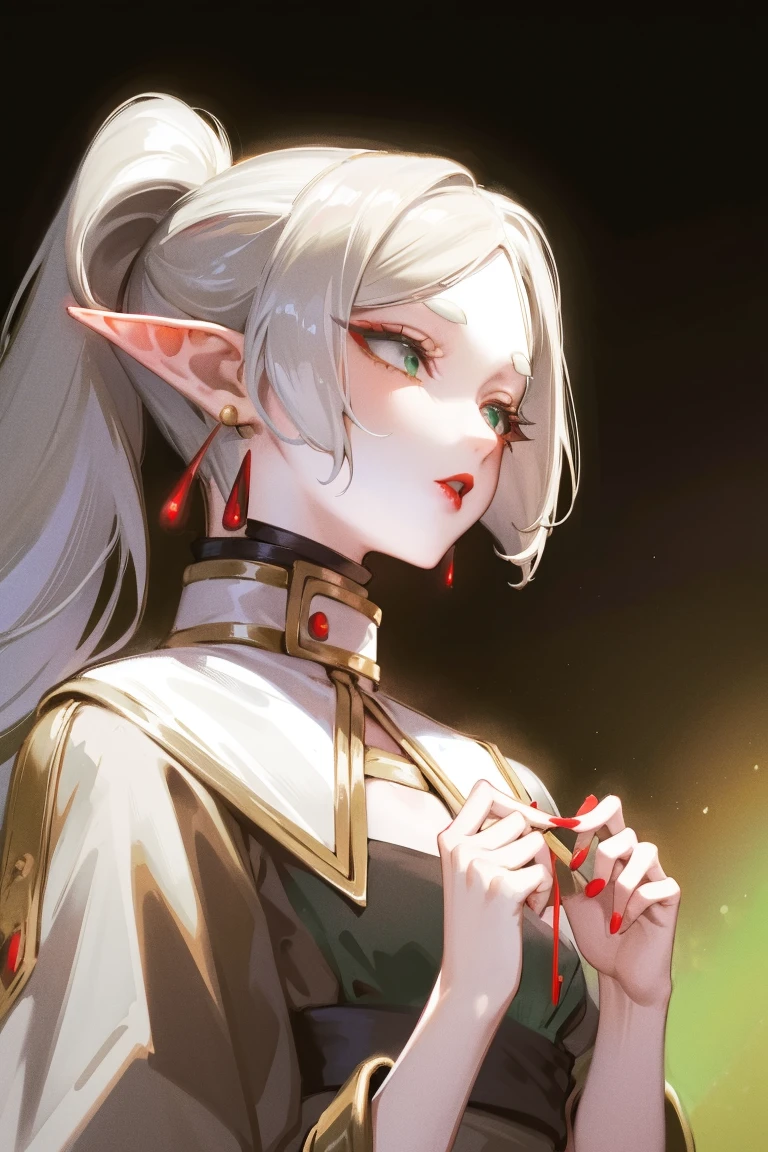 Standing with upper body, Honey, solitary, White skin, Long gray hair, Double ponytail hairstyle, (Elf ears), Green Eyes, Like a gem, earrings, Red Eyeshadow, Red lips, Black Magic Dress, careful, Fake laugh, masterpiece, high quality
