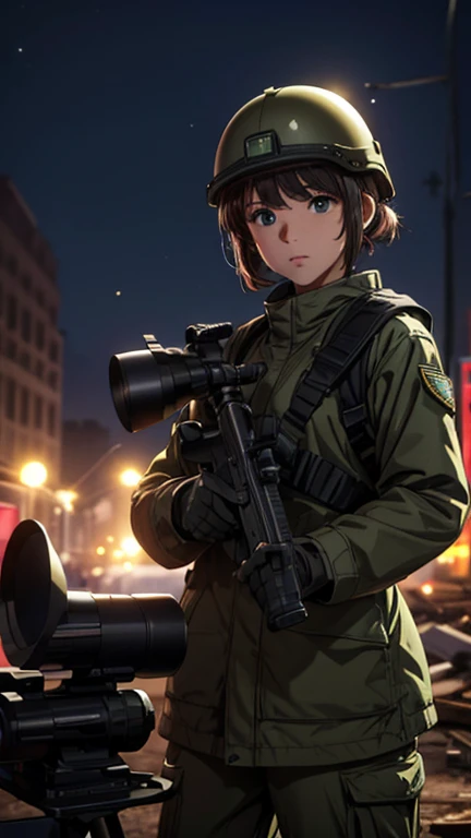 high quality, High-resolution images, Full HD、8k.A young girl with short chestnut hair, wearing a US military uniform and a helmet pulled down low on her head., He has a rifle.、Late night city, Put on a night scope,Binoculars night vision scope, Pitch black. The light from the night scope is green.,,Shooting a gun from the rubble,