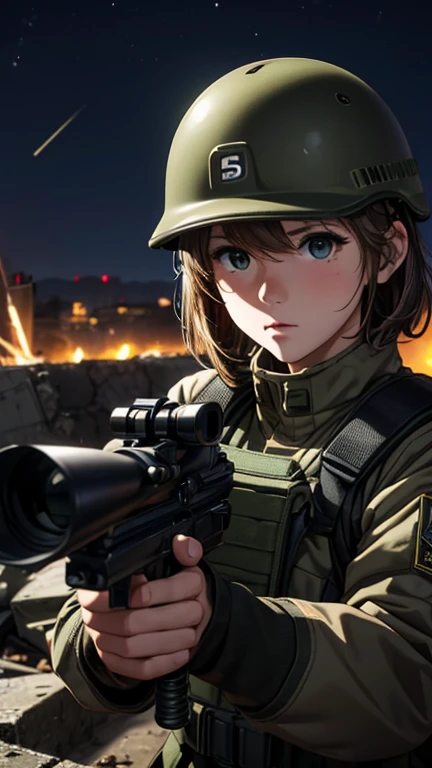 high quality, High-resolution images, Full HD、8k.A young girl with short chestnut hair, wearing a US military uniform and a helmet pulled down low on her head., He has a rifle.、Late night city, Put on a night scope,Binoculars night vision scope, Pitch black. The light from the night scope is green.,,Shooting a gun from the rubble,