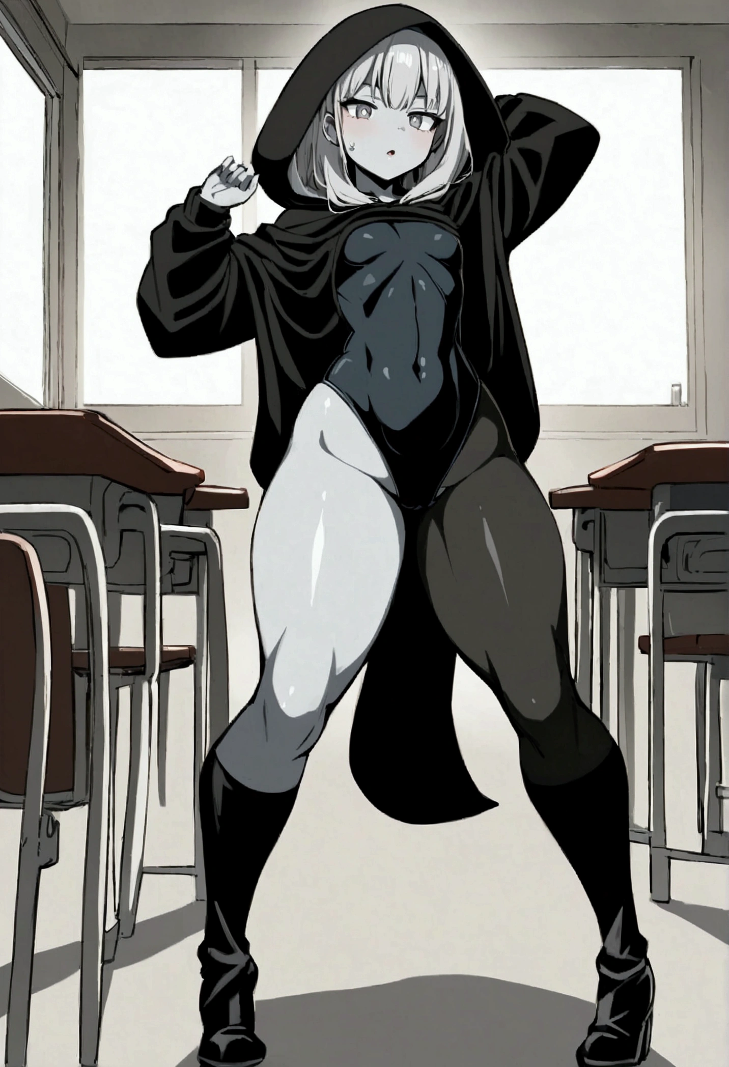 anime style girl 1,70 long light gray hair gray skin shark teeth and gray eyes and light gray pupils very thick and strong legs thick thighs, but without breasts posing to see her legs in a classroom while wearing a long black hooded cape and a black full-body leotard with black boots 