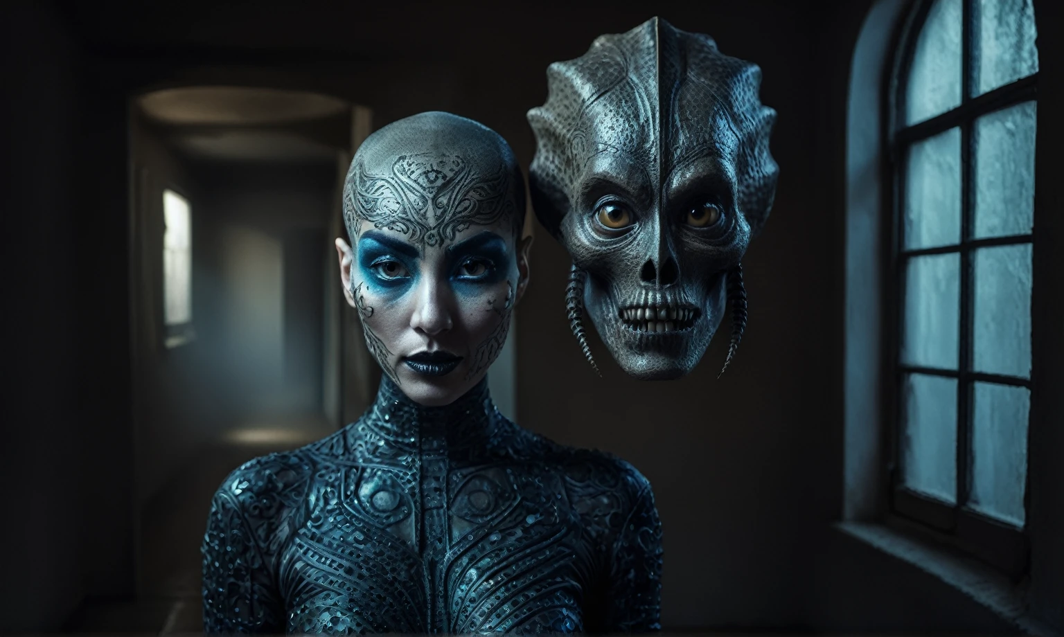 full body length shot ,nerd graphite  Alien Entity,native africa slave ,azctec psychiatric clinic,Cinematic,soft colors, Technicolor,natural skin textures, hyper realism, hyper detailed,Extremely detailed,High contrast,Masterpiece,Realistic,Ultra Detailed, intricate details,realistic humid leather,extremely intricate details,Epic Realistic, cinematic style, irina yermolova,high contrast,hdr,extremely detailed, [deep night landscape],masterpiece, intricate details, eyes extremely detailed, high detailed eyes,8k resolution,retina, Nikon Z9,orc,Egyptian folk, Pisces, transition between two art styles,full body length, Double contact, X-ray, Creative, vivid light, fantasy, Abstract, Surrealism, super detailed, high resolution,insanity national folk wear,skin  almost translucent, gothic elements, further emphasizing its dark air,Mestichino,Light particles,chaos,starfish's leather,Cambodia,"(The best lighting, dark, dramatic),(alien Mulan's half-skull fetus, Hellraiser, Scars, stupid, a shapeshifter, reptillian, scaleborn, terror.),(ominous and strange eyes, calaveras). morning light, indoor psychiatric clinic

