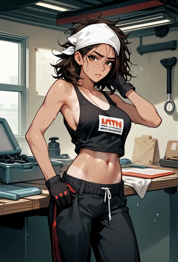 masterpiece, best quality, mature woman, messy hair, black hair, brunette gradient hair color, hot face, (tomboy face), tan skin, mature body, fit body, medium breasts, mechanic gloves, (dirty tank top), stained tank top, midriff, white bandana, mechanic pants, loose pants, workshop, (wiping sweat, sweaty)