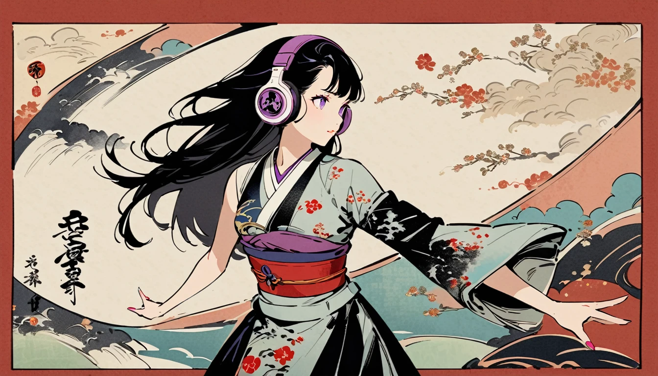whole body, dance, Purple Eyes, Ink Painting, 1 girl, tattoo, sunglasses, Japanese style headphones, beautiful girl, Black Hair, peace, Delicate and precise, Modern ukiyo-e style, Multicolored background