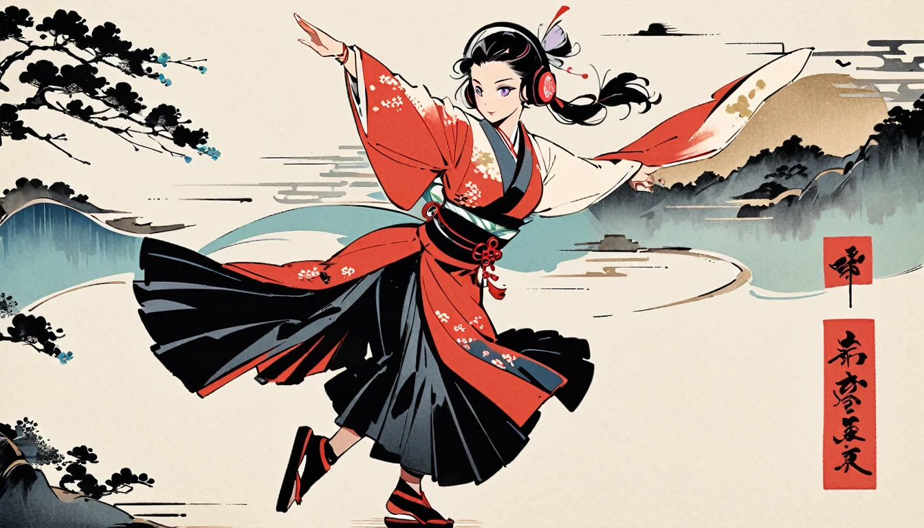 whole body, dance, Purple Eyes, Ink Painting, 1 girl, tattoo, sunglasses, Japanese style headphones, beautiful girl, Black Hair, peace, Delicate and precise, Modern ukiyo-e style, Multicolored background