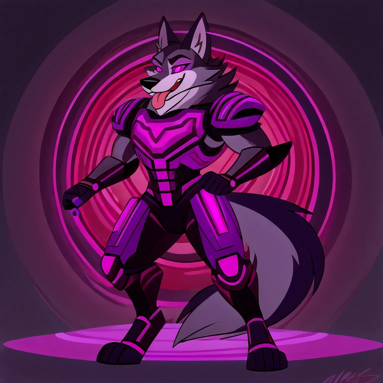 (masterpiece, best quality:1.2), Vortex hellhound, wolf, furry, helluva boss, hypnotized with glowing purple eyes, tongue out, wearing futuristic armor, using a Pulse Rifle, Energy Rifle, Futuristic assault rifle, dancing ridiculously