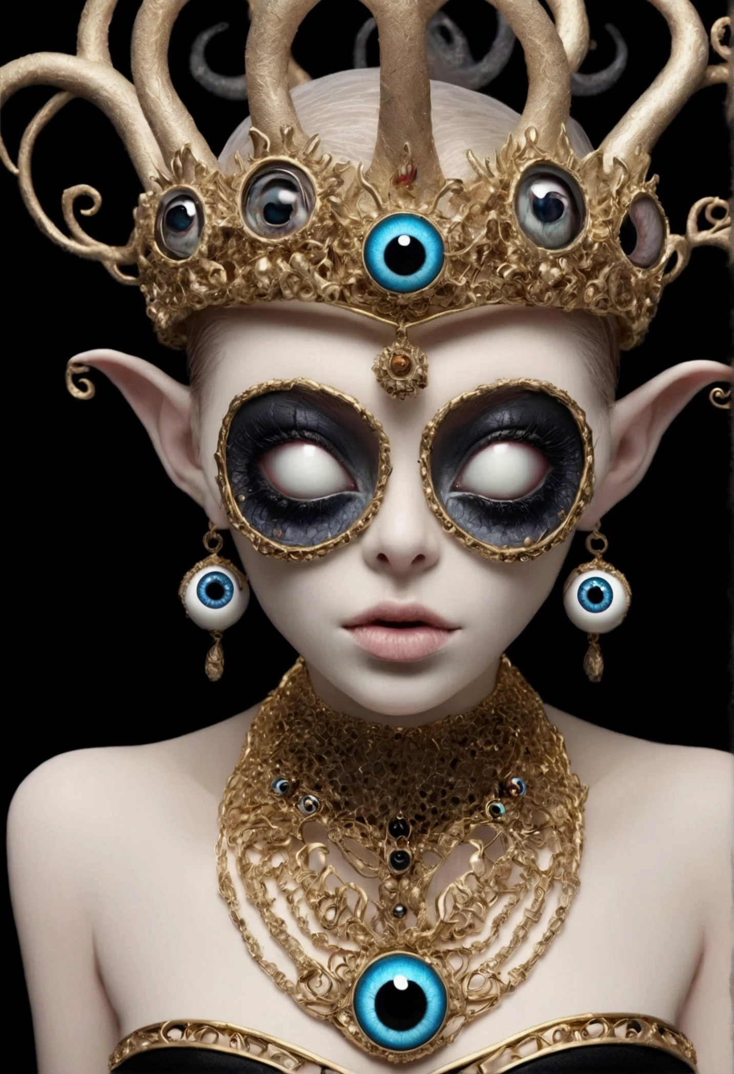 Digital Illustration，Grotesque Aesthetics：Multi-eyed sculpture，Tears，There are many eyeballs growing on the skin of the face，Eyeball Necklace，Eyeball Crown，Realistic eyeballs，teeth，Distorted face， Solitary，black background，crown，veil，Hands touch your face，3D eye bead necklace，
