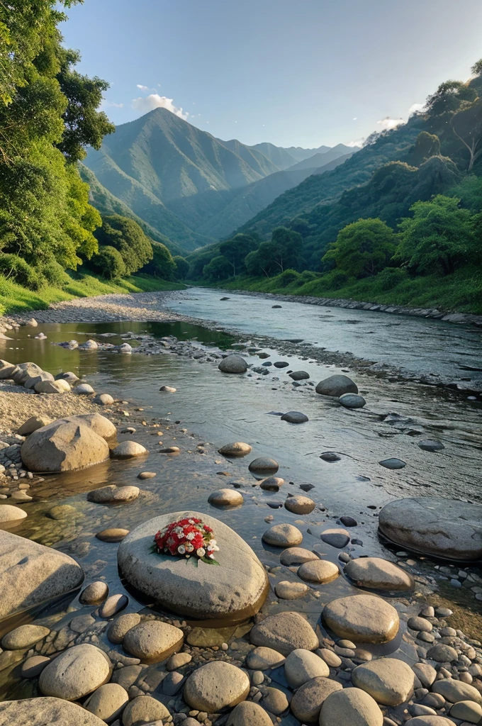 
A heart-shaped stone inscribed NEHA is placed on a riverbank, surrounded by smooth white pebbles and three red roses. In the background, a tranquil river flows through a lush, green valley with forested hills under a clear sky. The setting sun casts a warm light on the distant mountains.