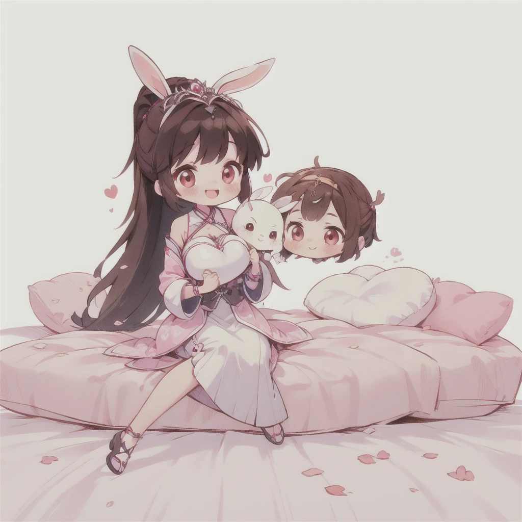 good quality, Cute light-skinned baby,chibi anime,chibi, Long brown hair,High Ponytail,((A pair of bunny ears hair accessories)),Shouhui,cute,Pink Eyes,(((full body))),((Sitting on the bed)),((Holding a heart shaped pillow)),Love pillow,laughing out loud,revel,独奏,Falling pink petals,White long skirt,revel,Long skirt,Silver pattern,1girl,Bare legs,big breast,cleavage,Bright colors,Solid color background,Black edge line,White background,Solid color background,jewelry,Jewelry