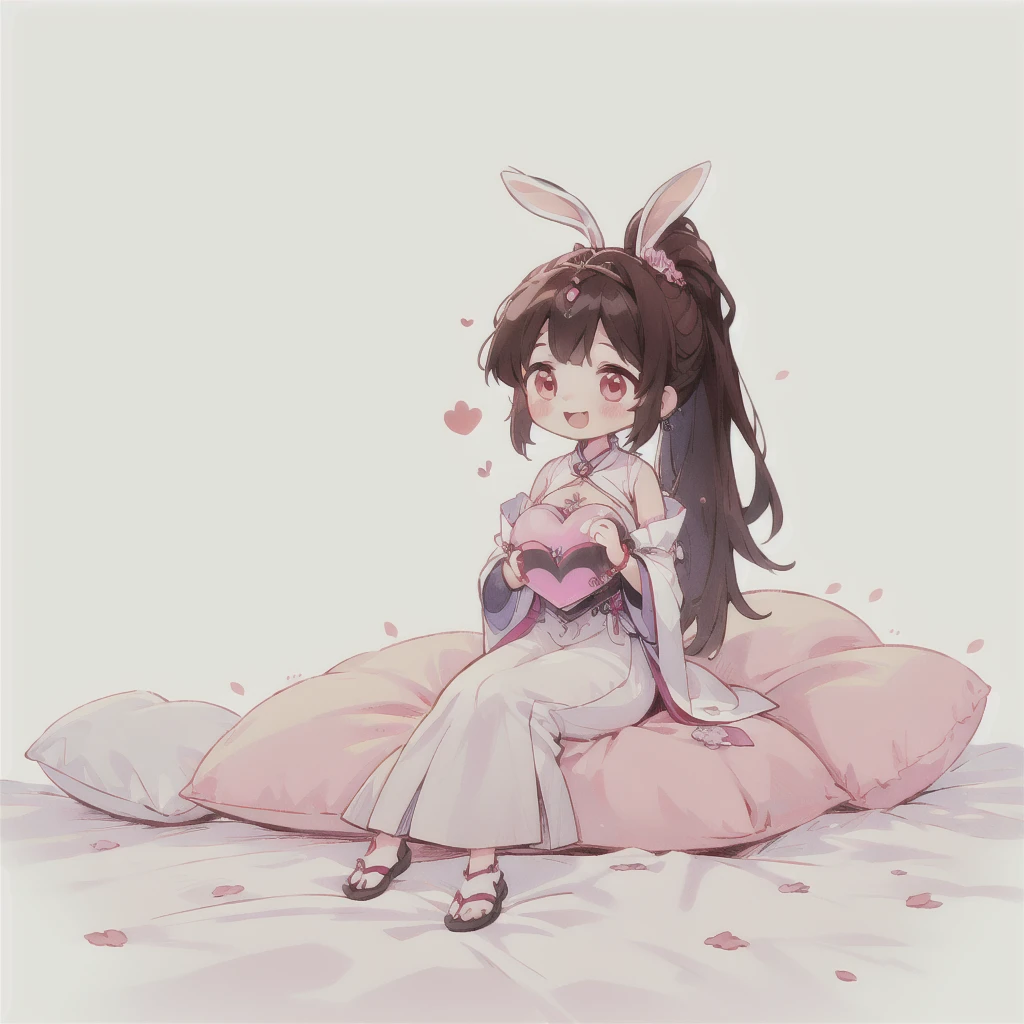 good quality, Cute light-skinned baby,chibi anime,chibi, Long brown hair,High Ponytail,((A pair of bunny ears hair accessories)),Shouhui,cute,Pink Eyes,(((full body))),((Sitting on the bed)),((Holding a heart shaped pillow)),Love pillow,laughing out loud,revel,独奏,Falling pink petals,White long skirt,revel,Long skirt,Silver pattern,1girl,Bare legs,big breast,cleavage,Bright colors,Solid color background,Black edge line,White background,Solid color background,jewelry,Jewelry