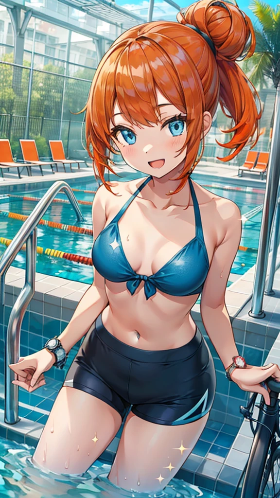 1 girl, masterpiece, best quality, highres, ro1, Misty from pokemon, hair bun, blue eyes, bikini top, blue bicycle shorts, small ponytail on the side, wristwatch, standing, hand on hip, smile, open mouth, (sparkle:1.1), orange hair, medium breasts, 3/4 body view, outdoors, swimming pool