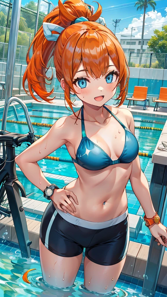 1 girl, masterpiece, best quality, highres, ro1, Misty from pokemon, hair bun, blue eyes, bikini top, blue bicycle shorts, small ponytail on the side, wristwatch, standing, hand on hip, smile, open mouth, (sparkle:1.1), orange hair, medium breasts, 3/4 body view, outdoors, swimming pool