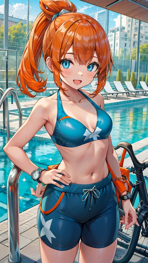 1 girl, masterpiece, best quality, highres, ro1, Misty from pokemon, hair bun, blue eyes, bikini top, blue bicycle shorts, small ponytail on the side, wristwatch, standing, hand on hip, smile, open mouth, (sparkle:1.1), orange hair, medium breasts, 3/4 body view, outdoors, swimming pool