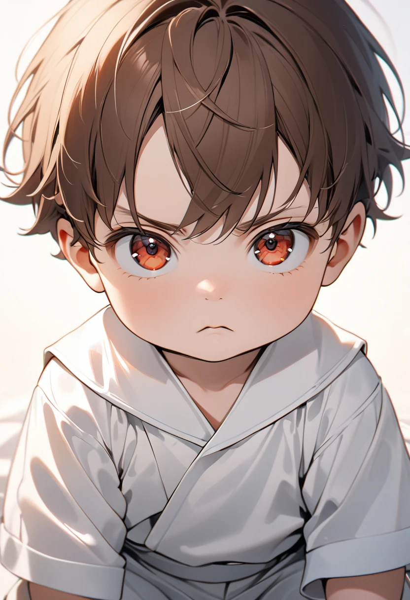 8k, baby boy with brown hair, Eyes red, serious expression, white clothes, soft light background