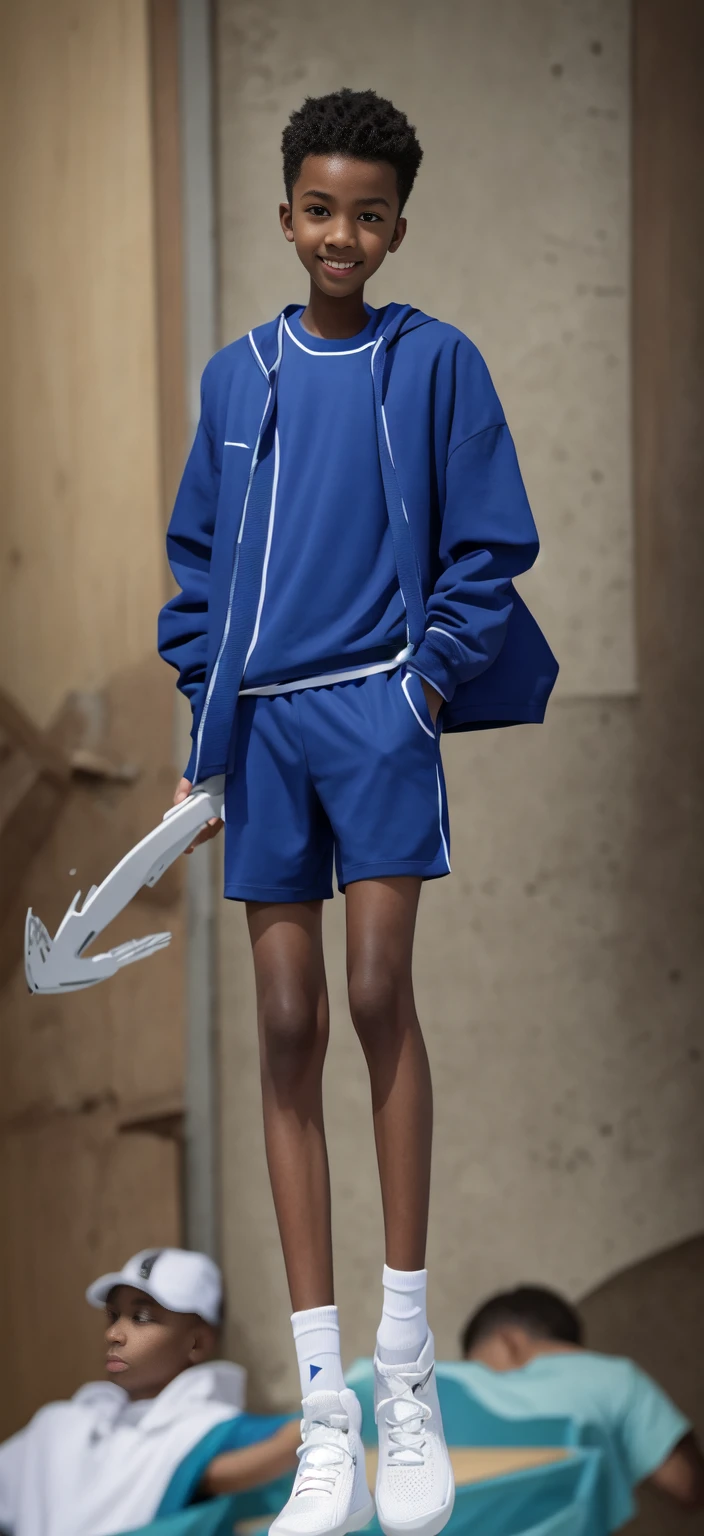 14 year old boy,(Wearing white tennis clothes,Wearing green socks),Dark skin,Big round eyes,Very short hair,Tall and skinny,Toothy Smile,Sharpen details,Knee muscle lines,Blue Background,Axe in hand