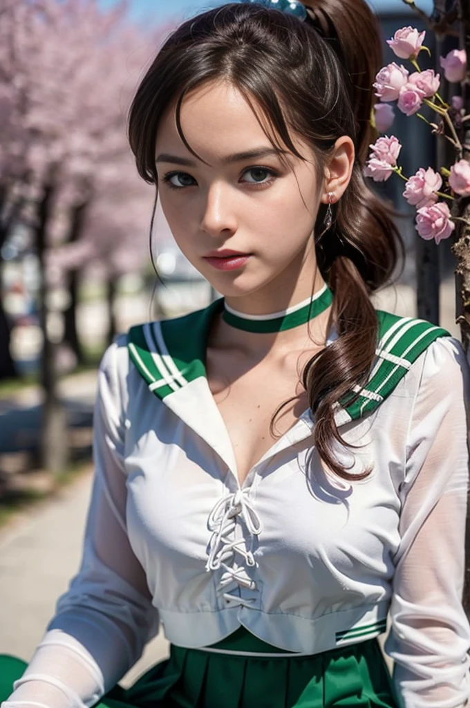 (masterpiece, Highest quality:1.4), (whole body:1.5), (Sitting:1.5), (Focus on the legs), Sexy pose, One girl, alone, Ham Jupiter, (Green Eyes), ponytail, (tiara:1.2), jewelry, (Sailor Warrior Uniform:1.5), Green sailor collar, choker, Elbow hand pockets, White gloves, Pink ribbon, brooch, White leotard, Green Skirt, Pleated skirt:1), Beautiful Face, Highly detailed face, Highly detailed eyes, Highly detailed skin, Skin pores, Scattered beneath the surface, Realistic pupils, Mid-chest, Sexy smile, Blush all over face, Fuller lips, Cherry blossom tree background, Scattered beneath the surface, Detailed Background, Depth of written boundary, Volumetric lighting, Sharp focus, Absurd, Realistic proportions, Excellent anatomy, (Realistic, hyperRealistic:1.4), 16k hdr,

