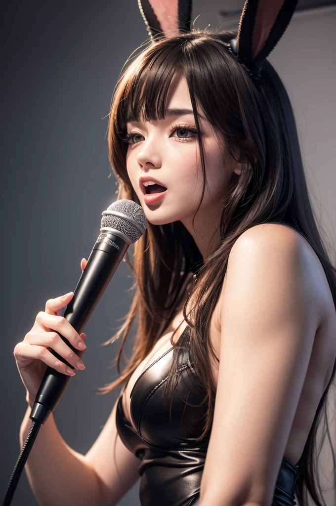 Best quality, tmasterpiece,photorealestic,1girl,with short golden hair,Blackn clothes,solo,lips,open_mouth,microphone,tongue,tongue_out,