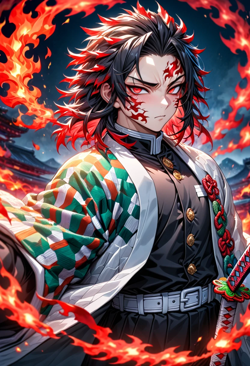 Ultra detailed, highres, absurdres, HDR, master piece, male demon slayer, black medium length hair, expressive red eyes, white haori with patterns of flames, black demon slayer uniform, Kimetsu No Yaiba, handsome, sexy man, solo, best quality, black and red katana with flame patterns, extremely detailed face and eyes, fire coming from katana, red moon