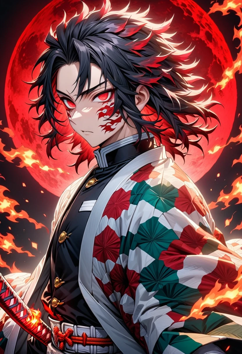Ultra detailed, highres, absurdres, HDR, master piece, male demon slayer, black medium length hair, expressive red eyes, white haori with patters of flames, black demon slayer uniform, Kimetsu No Yaiba, fantasy, handsome, sexy man, solo, magic, shining red fireflies, best quality, extremely detailed face and eyes, fire, red moon, red lightning, 