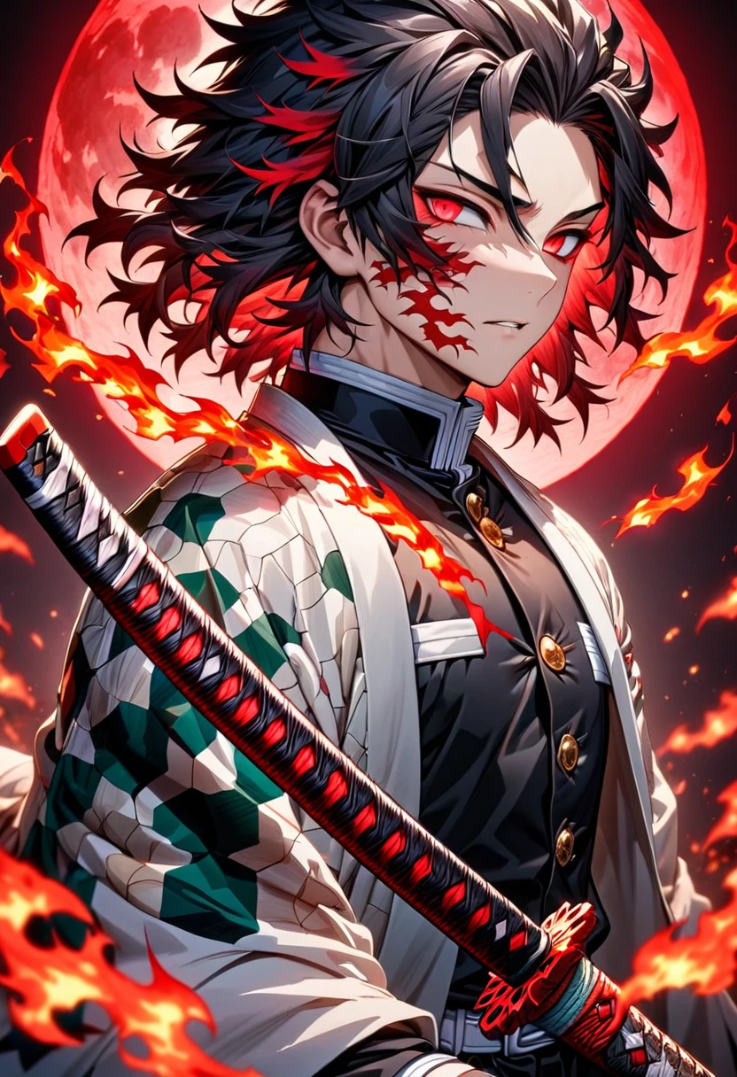 Ultra detailed, highres, absurdres, HDR, master piece, male demon slayer, black medium length hair, expressive red eyes, white haori with patterns of flames, black demon slayer uniform, Kimetsu No Yaiba, handsome, sexy man, solo, best quality, black and red katana with flame patterns, extremely detailed face and eyes, fire coming from katana, red moon