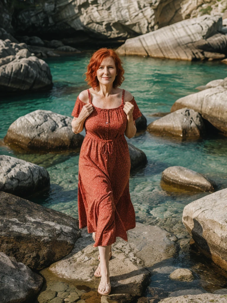 portrait, her name is Mia, high quality, 1 old woman, ((40-year-old guitar shaped body irish woman)), (((40 years old))), ((guitar shaped body)), ((wide hips)), (wrinkled body), (old body), (((red hair))), (pale skin), ((green eyes)), she is wearing a mermaid dress, dynamic pose, smiling, BREAK, BACKGROUND: outdoor: secluded cove at sunrise, coves, dawn, tide pools, seashells, small boat