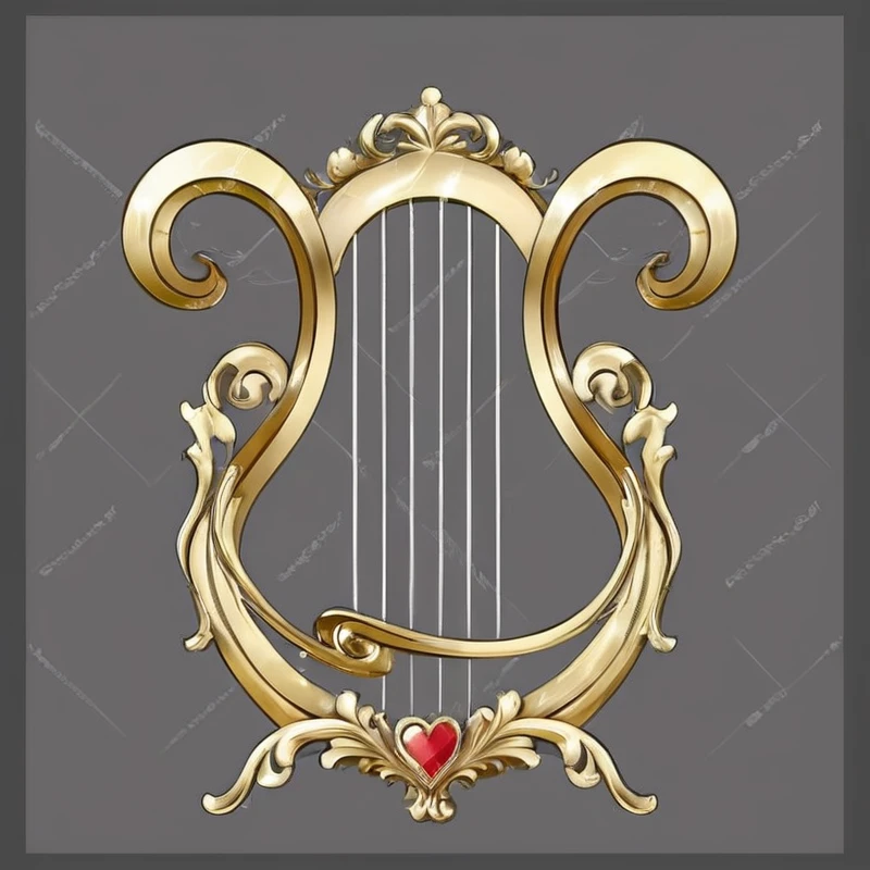 a golden harp with a red heart on a gray background, harp, with an harp, Gorgeous and flowing, Musical Instruments, Baroque, Baroque elements, Baroque的物品, Baroque and Rococo decorations, Baroque art style, elegant and Gorgeous, Gorgeous and elegant, Baroque细节, Gorgeous, Art Nouveau masterpiece, Baroque, very Gorgeous
