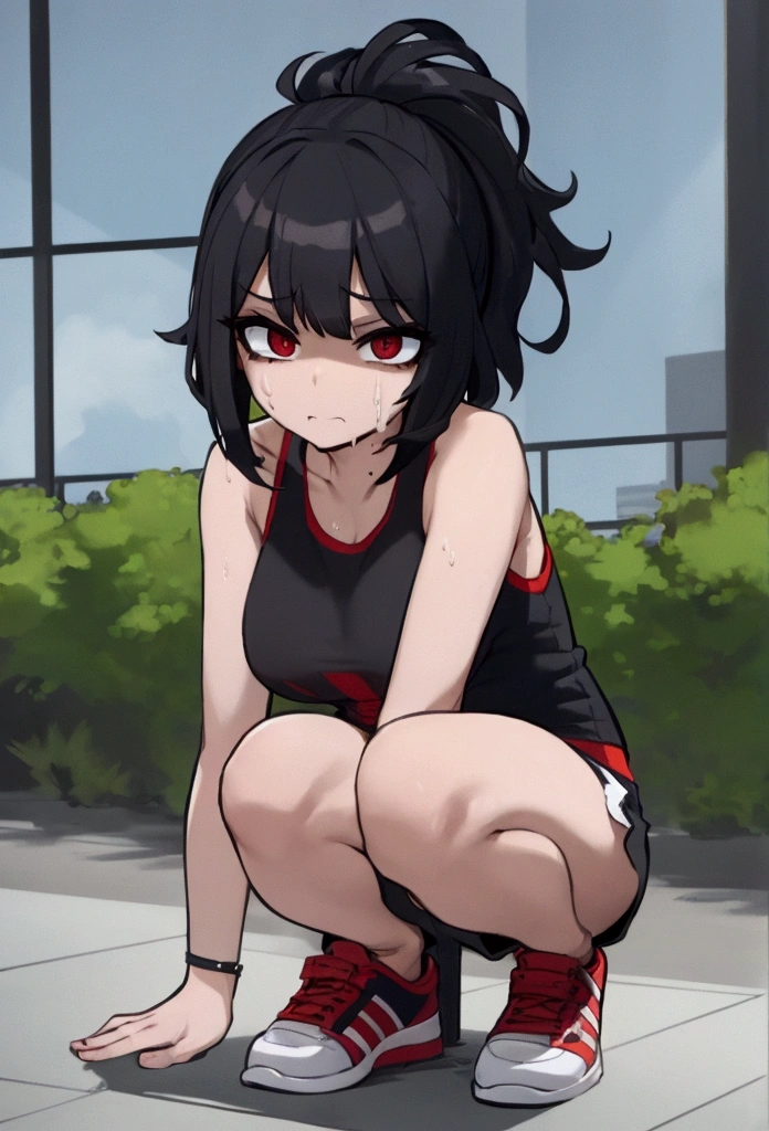 Girl, black hair, bob, red eyes, marathon runner, rolling her eyes, squatting down, looking in pain, sweating, white and red tank top, shorts, marathon shoes