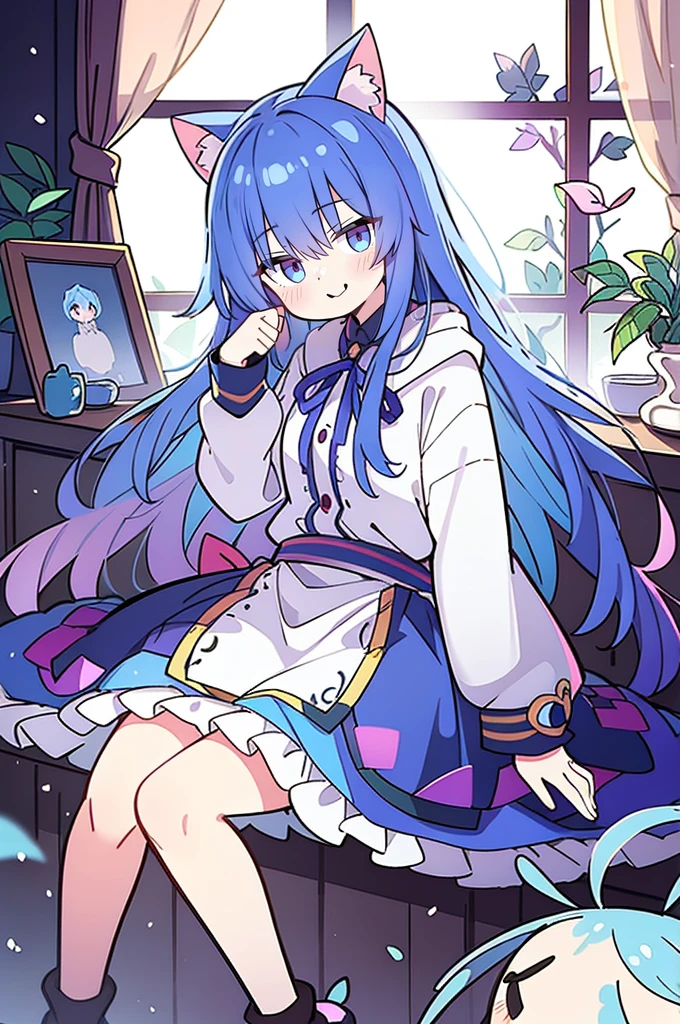 (masterpiece:1.2),Super detailed,lifelike,Expressive eyes,fair skin,perfect face shape,1 girl,
Japanese comics,Gorgeous blue hair,flowing blue hair,flowing clothes,Cat ears,Petals fall,beautiful lola,Baby Angel,
Shaking head with one hand,Cross your legs,Gentle and peaceful background,The pavilion is cool and comfortable,smile, wearing hoodie, In front of the window,snowing,Clear sky,Witch costume。