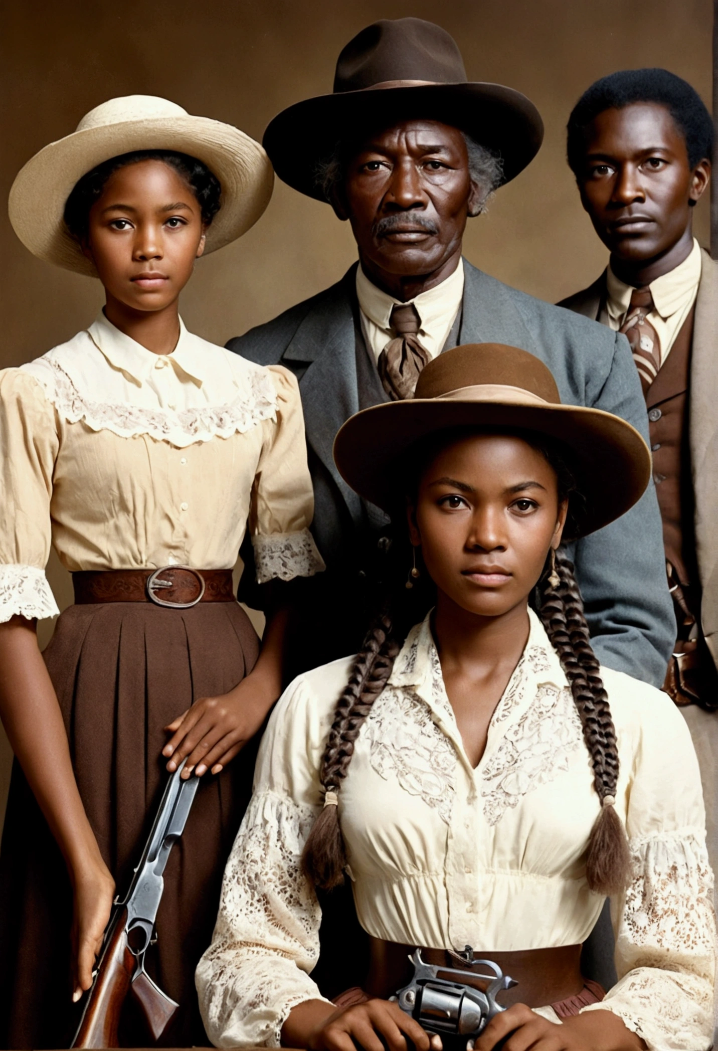 old photograph of an African-American family with a young African woman, long braided hair, darkskin, western film character, Sexy girl with brown eyes, 精致的面容, she is wearing a hat and is in a saloom, she&#39;s holding a winchester rifle, ultra realist, meticulously detailed, wearing period clothes with white lace. she is holding a winchester. The image is a photograph with grandfather, grandmother, Baba, mother and brothers