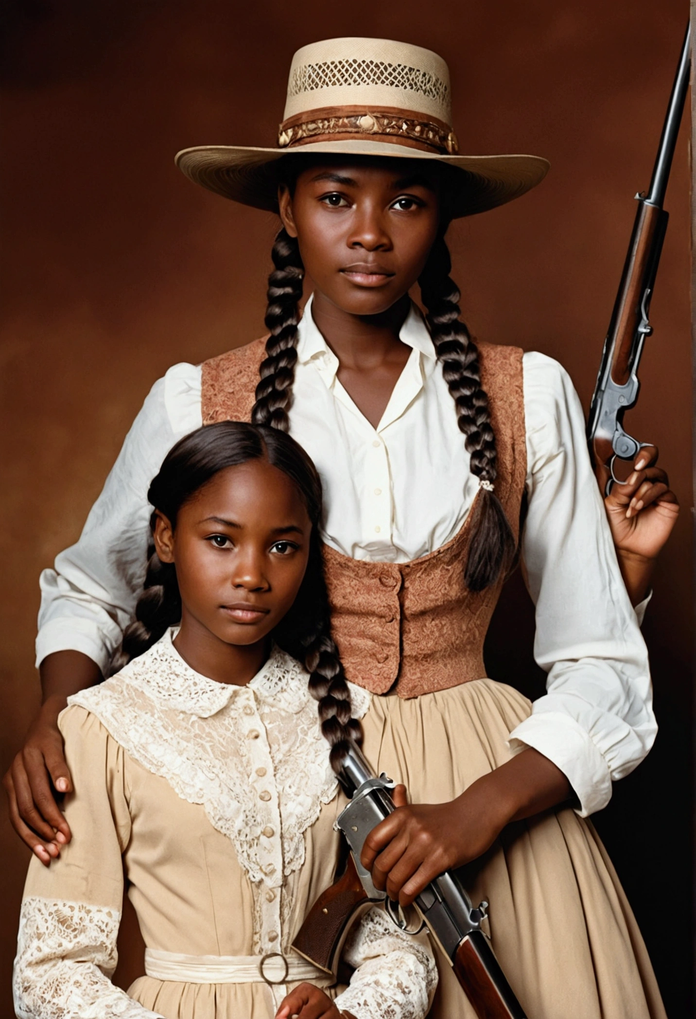 old photograph of an African-American family with a young African woman, long braided hair, darkskin, western film character, Sexy girl with brown eyes, 精致的面容, she is wearing a hat and is in a saloom, she&#39;s holding a winchester rifle, ultra realist, meticulously detailed, wearing period clothes with white lace. she is holding a winchester. The image is a photograph with grandfather, grandmother, Baba, mother and brothers