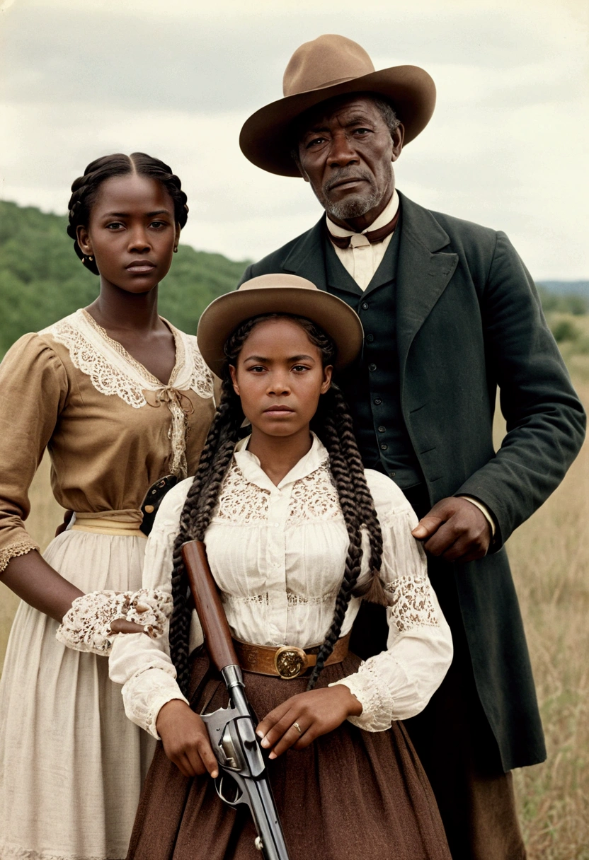 old photograph of an African-American family with a young African woman, long braided hair, darkskin, western film character, Sexy girl with brown eyes, 精致的面容, she is wearing a hat and is in a saloom, she's holding a winchester rifle, ultra realist, meticulously detailed, wearing period clothes with white lace. she is holding a winchester. The image is a photograph with grandfather, grandmother, Baba, mother and brothers