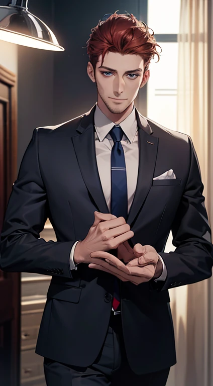 (best quality,4k,8k,highres,masterpiece:1.2),ultra-detailed,(realistic,photorealistic,photo-realistic:1.37),1 man,31 years old,mature man,very handsome,without expression,smile,short grey red hair,blue eyes,penetrating gaze,perfect face without errors,imposing posture,businessman,office background,cinematic lighting,hdr image