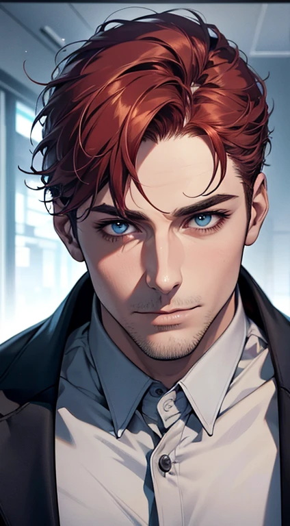 (best quality,4k,8k,highres,masterpiece:1.2),ultra-detailed,(realistic,photorealistic,photo-realistic:1.37),1 man,31 years old,mature man,very handsome,without expression,smile,short grey red hair,blue eyes,penetrating gaze,perfect face without errors,imposing posture,businessman,office background,cinematic lighting,hdr image