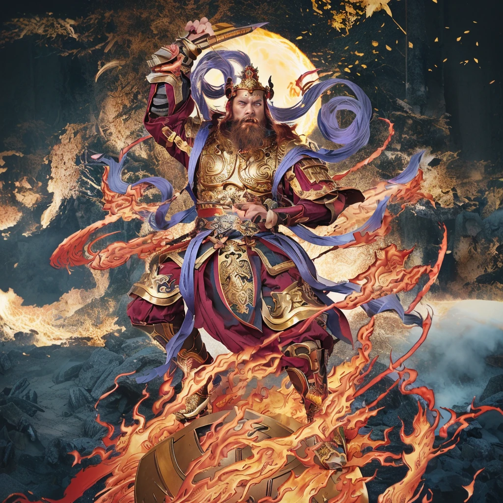 a fierce warrior, holding a golden bamboo sword, fire, asura from chinese myth, maroon beard and hair, purple deity ribbon, standing on huge golden iron wheel, 3 eyes, ancient chinese armour, taoist priest, taoist master, small crown, pointing middle finger up, open mouth, realistic fire