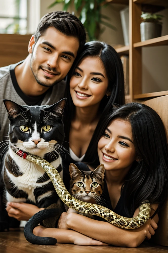 Couple with cat dog snake