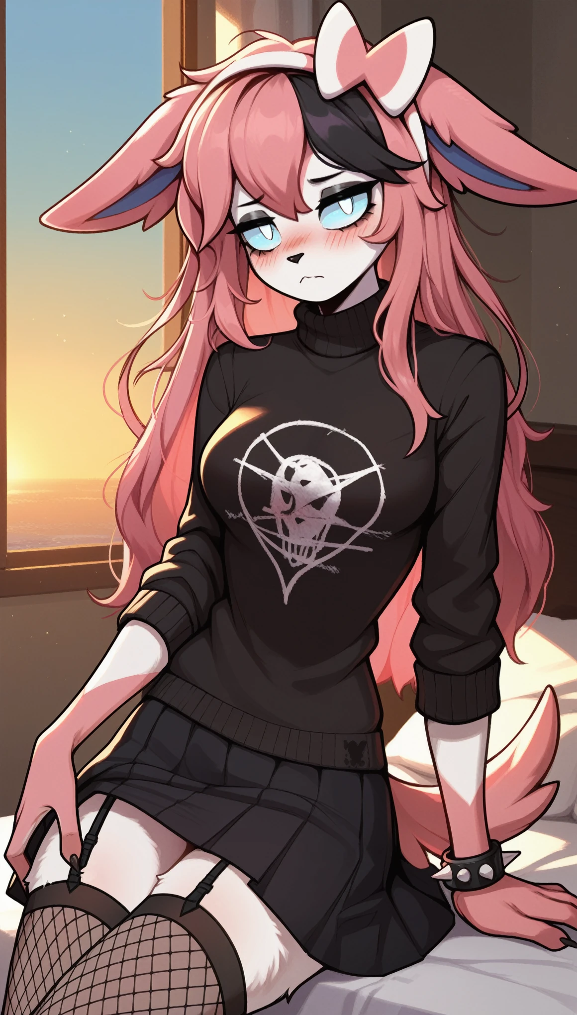 Tired expression, 1girl, anthro, furry, fur, fluffy fur, sylveon girl, pink hair (black highlights), cyan eyes, long hair, Messy hair, (19 years), medium breast, thighs, solo, (bedroom), sunset, detailed, black sweater, black skirt, fishnet stockings, annoyed (closed mouth), looking at the viewer, blush, spiked wristband, (emo girl), score_9, score_8_up, score_7_up, score_6_up, score_5_up, score_4_up