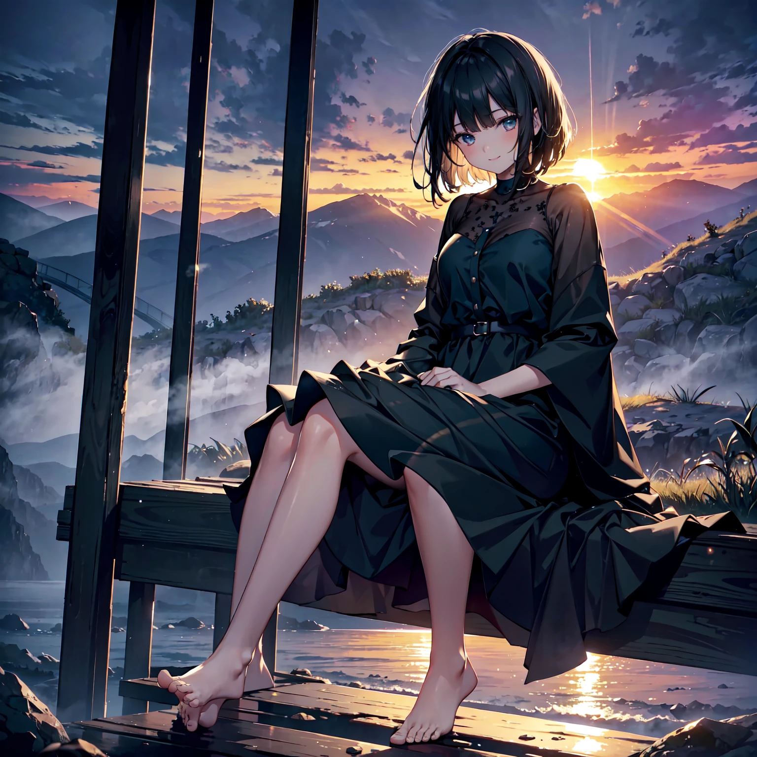 (Dark Scene, Soft lighting, High saturation):1.4, Vivid lighting, Enchanting elegance, Atmospheric Depth, Great technology, Naturalistic representation, Harmonious composition, Creative refinement, Striking contrast,
(One beautiful girl), Sitting, smile, barefoot, Short black hair
((sunset)),Volumetric Fog, Outdoor, Backlight